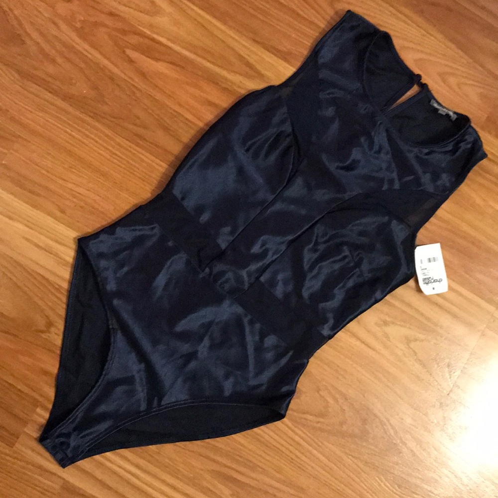Blue satin and mesh bodysuit